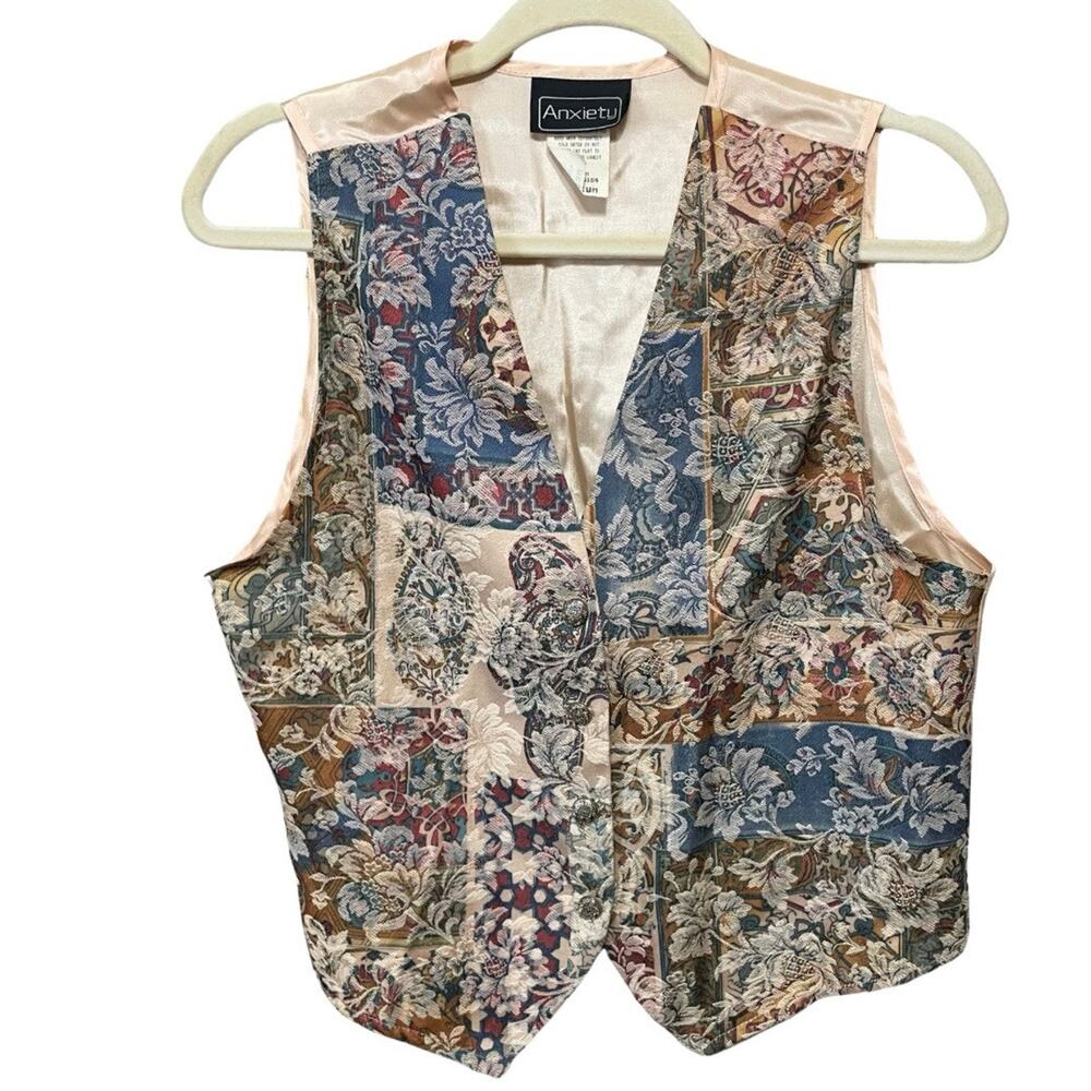 Vintage Tapestry Vest ANXIETY Women’s M Mixed Floral Button Front Satin Back